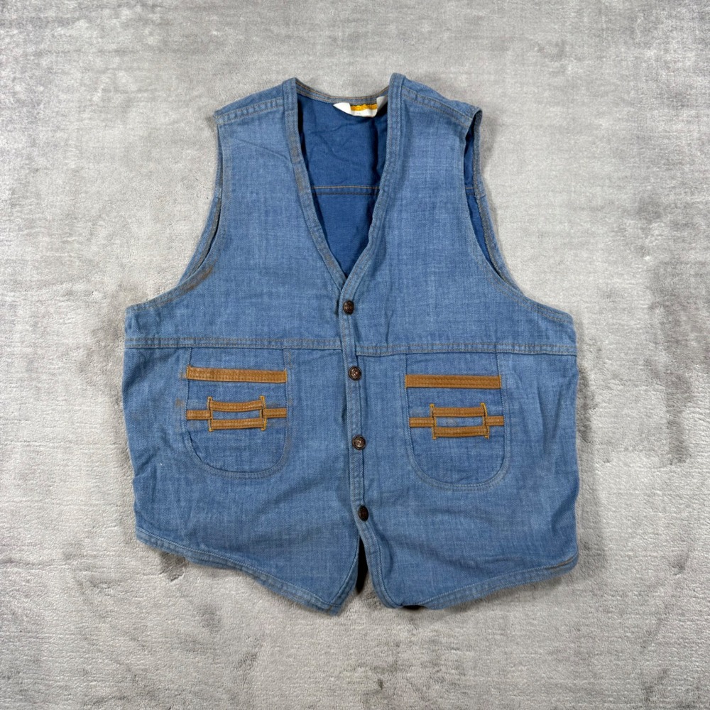 Tate Lord Denim Vest Womens 42 Blue Western Faux Leather Trim Vintage 70s 80s
